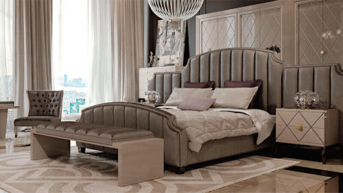 Master bedroom with modern, luxury, high end, fine furniture pieces