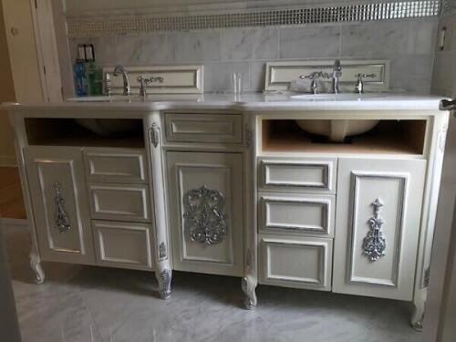 custom double sink bathroom vanity in traditional style, ivory with silver gilding designed by Nino Madia