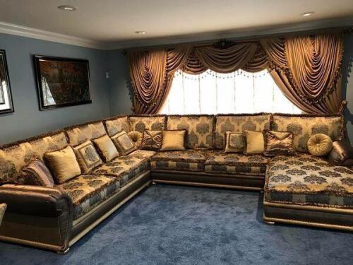 u shaped custom sectional couch and chaise with elegant brocade fabric and matching pillows from Nino Madia