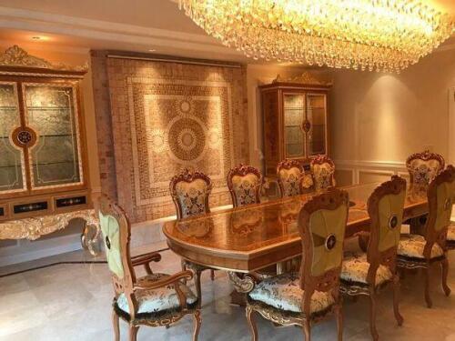 custom ornate Italian china cabinets and matching luxury formal dining room table and chairs for 10 people by Nino Madia.